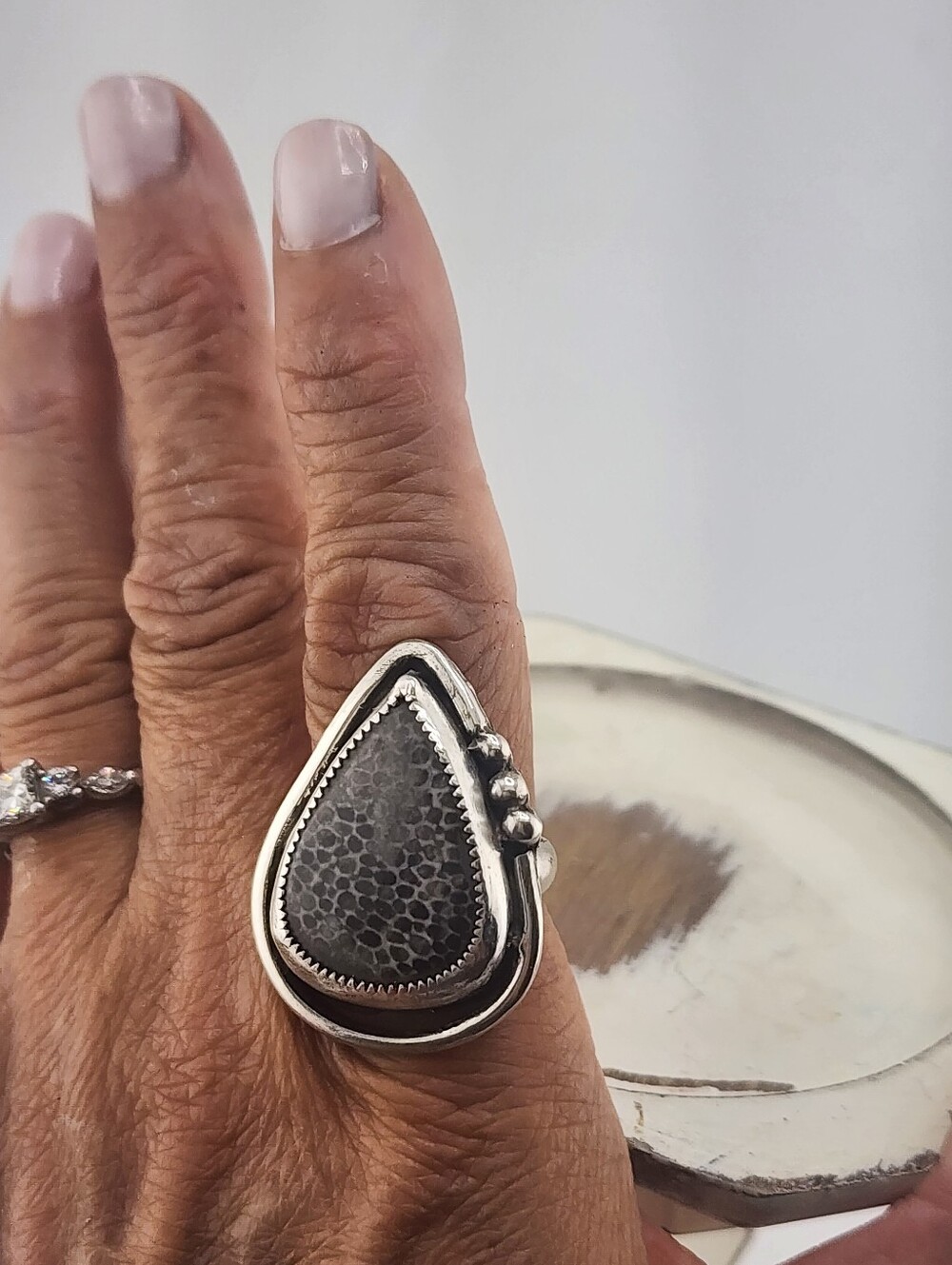 STINGRAY CORAL FOSIL RING HANDMADE IN RECYCLED STERLING SILVER SIZE 8